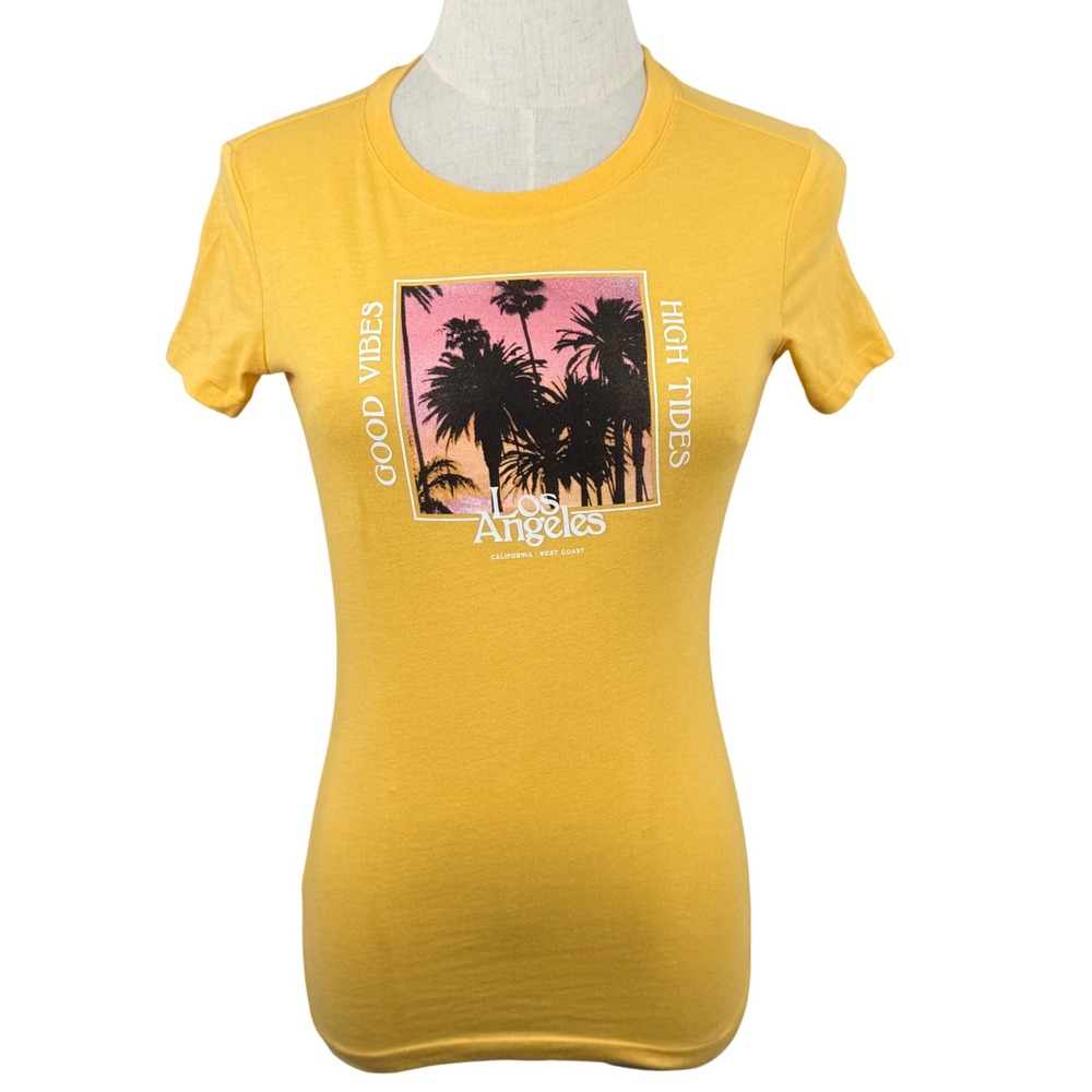 Aeropostale Women XS T Shirt Yellow Los Angeles Palm Tree Graphic Good Vibes Tee